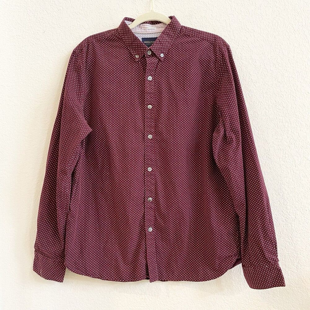 Denim & Flower Men’s Slim Fit Red Polka Dot Cotton L/S Button Down Shirt Large